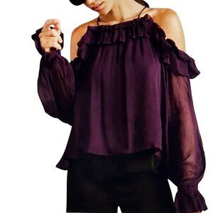 ANTHROPOLOGIE NWOT BOHO SHEER OFF SHOULDER ROMANTIC BLOUSE DEEP PURPLE SMALL